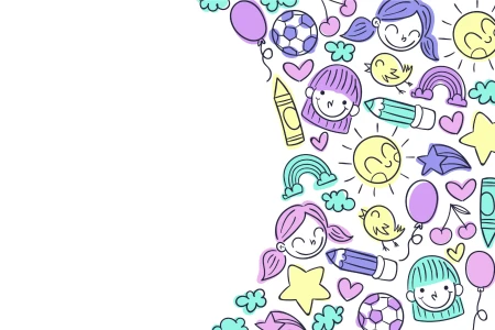 Белый фон с группой милых мультяшных контурных рисунков (девочки, солнышки, шарики, радуги) с пастельной заливкой вдоль правого края