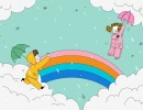 Мультяшная иллюстрация: мальчик в желтом дождевике и девочка в розовом с зонтиками стоят на яркой радуге, окруженные облаками и каплями дождя на мятном фоне.