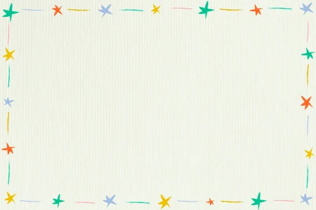 Светлый кремовый фон с текстурой полос и рамкой из нарисованных цветных звездочек (зеленых, желтых, оранжевых, голубых) и штрихов по краям