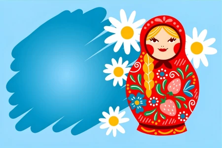 Яркая русская матрешка в красном сарафане с цветочным узором и ромашки на голубом фоне с абстрактным синим пятном.