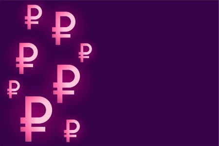 Темно-фиолетовый фон с розово-белыми светящимися символами рубля (₽) в левой части