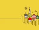 Желтый фон с цветным контурным рисунком собора Василия Блаженного, солнцем и облаками в правой части