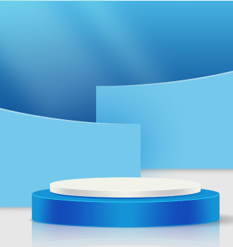 Светлый фон с синим и белым двухуровневым круглым подиумом и голубыми геометрическими элементами на заднем плане с мягким освещением
