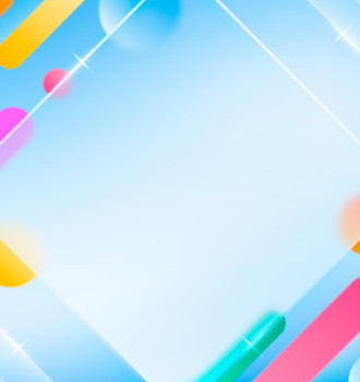 Светло-голубой фон с диагональной стеклянной рамкой в центре и яркими объемными палочками и кругами по краям