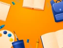 Оранжевый фон с рюкзаком, тетрадями, палитрой, кистями, кнопками и скрепками по краям