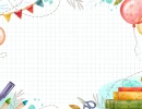 Белый фон в клетку с акварельными шарами, флажками, книгами, ножницами и карандашами по краям и цветными брызгами