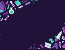 Темно-фиолетовый фон с яркими неоновыми школьными предметами, буквами и цифрами по углам и большим чистым центром для текста