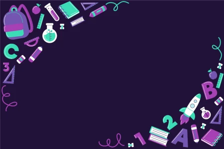 Темно-фиолетовый фон с яркими неоновыми школьными предметами, буквами и цифрами по углам и большим чистым центром для текста