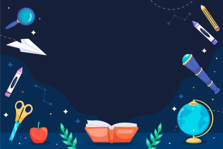 Темно-синий фон с созвездиями, луной, звездами, карандашами, глобусом, телескопом, книгой и яблоком по краям