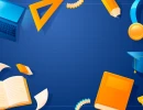Темно-синий фон с сеткой и яркими 3D-предметами (ноутбук, линейка, карандаш, лупа, книги, шапочка) по краям