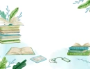 Белый фон с акварельными стопками книг, раскрытыми книгами, зелеными веточками, планшетом и смартфоном по краям